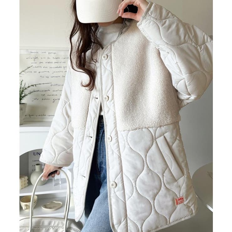 アイボリー | 《JaVaジャバコラボ》軽くて暖かい、旬顔ボア切替♪ノーカラーひょうたんキルティ… | Classical Elf 