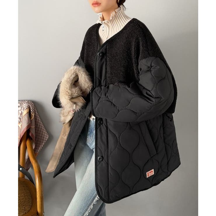 ブラック | 《JaVaジャバコラボ》軽くて暖かい、旬顔ボア切替♪ノーカラーひょうたんキルティ… | Classical Elf 