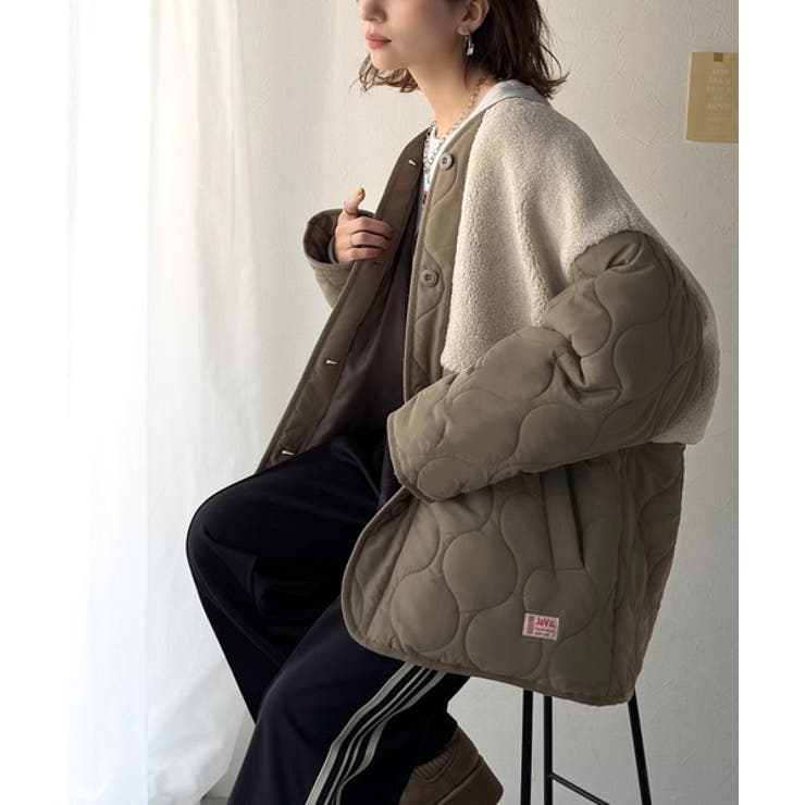 カーキ | 《JaVaジャバコラボ》軽くて暖かい、旬顔ボア切替♪ノーカラーひょうたんキルティ… | Classical Elf 