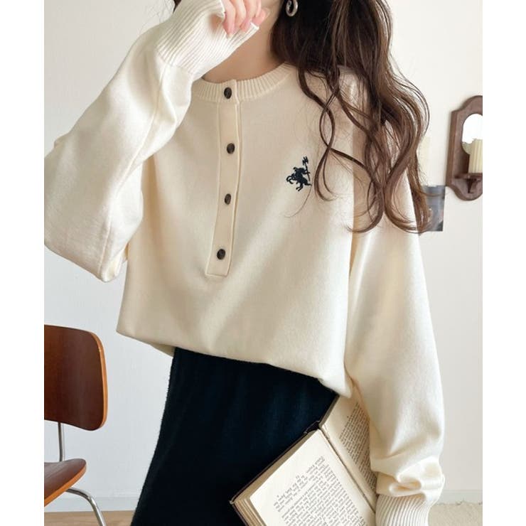 顔周りスッキリ&胸元刺繍で映える♪配色刺繍ヘンリーネックニット | Classical Elf  | 詳細画像5 