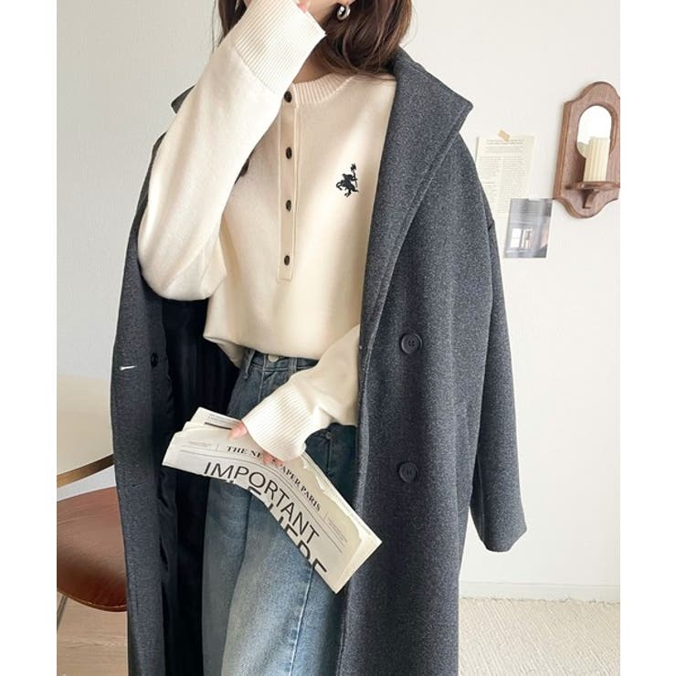 顔周りスッキリ&胸元刺繍で映える♪配色刺繍ヘンリーネックニット | Classical Elf  | 詳細画像8 