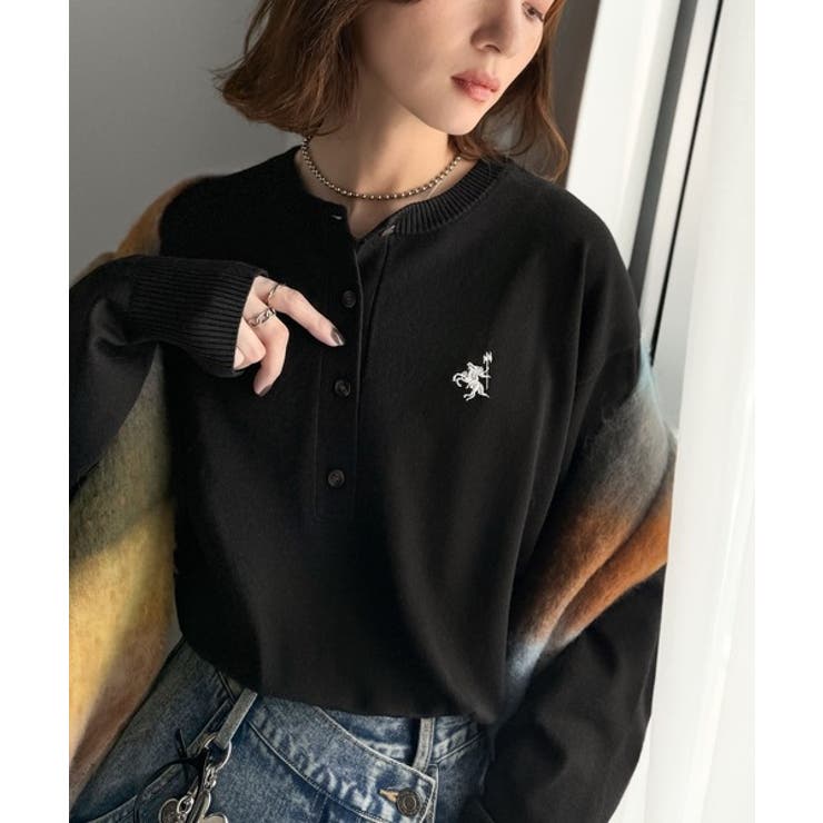 顔周りスッキリ&胸元刺繍で映える♪配色刺繍ヘンリーネックニット | Classical Elf  | 詳細画像14 