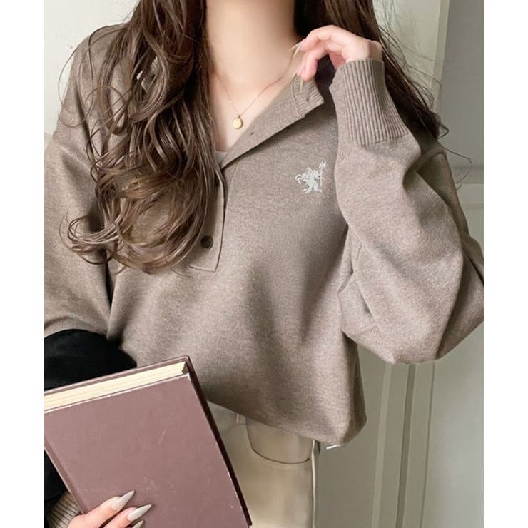 グレージュ | 顔周りスッキリ&胸元刺繍で映える♪配色刺繍ヘンリーネックニット | Classical Elf 