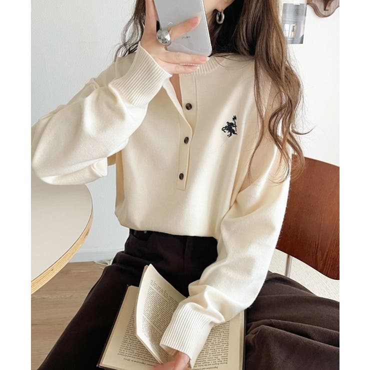 顔周りスッキリ&胸元刺繍で映える♪配色刺繍ヘンリーネックニット | Classical Elf  | 詳細画像4 