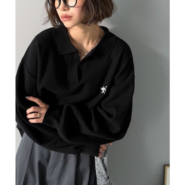 ブラック | 大人の抜け感をプラス◎胸刺繍ハーフミラノスキッパーニット | Classical Elf 