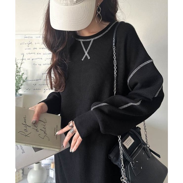 後姿が可愛い◎配色ステッチワッフルロングワンピース[品番