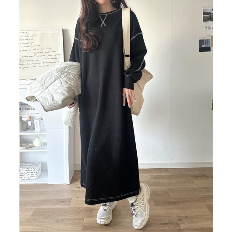 《JaVaジャバコラボ》後姿が可愛い◎配色ステッチワッフルロングワンピース（長袖… | Classical Elf  | 詳細画像6 