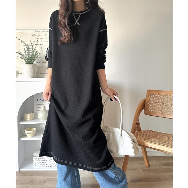 《JaVaジャバコラボ》後姿が可愛い◎配色ステッチワッフルロングワンピース（長袖… | Classical Elf  | 詳細画像10 