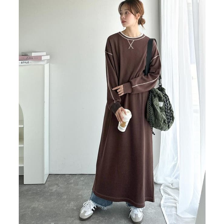 《JaVaジャバコラボ》後姿が可愛い◎配色ステッチワッフルロングワンピース（長袖… | Classical Elf  | 詳細画像11 