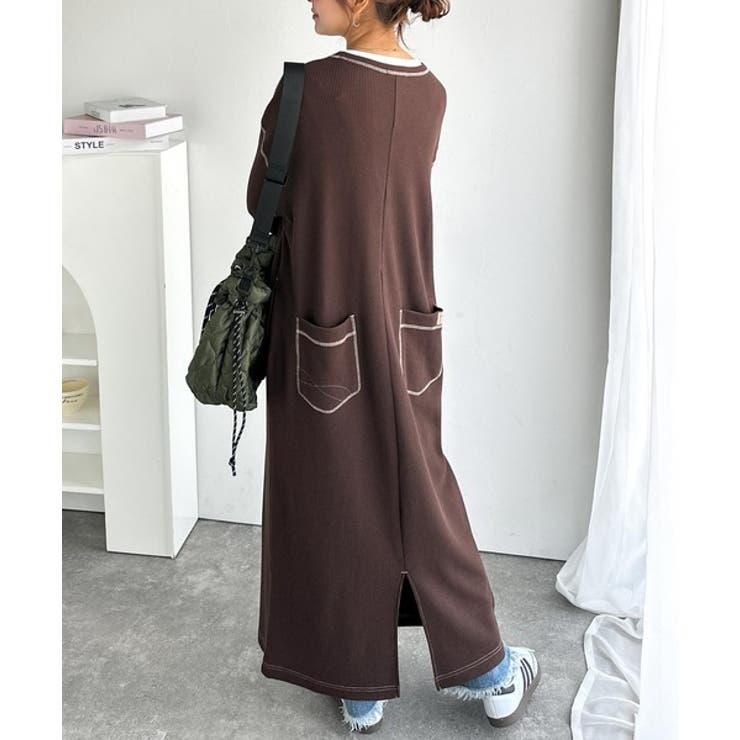 《JaVaジャバコラボ》後姿が可愛い◎配色ステッチワッフルロングワンピース（長袖… | Classical Elf  | 詳細画像14 