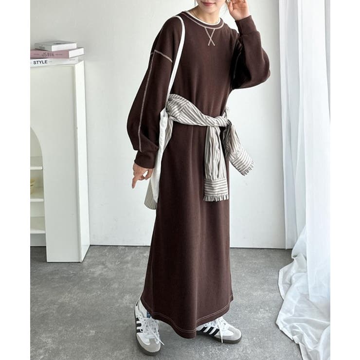 《JaVaジャバコラボ》後姿が可愛い◎配色ステッチワッフルロングワンピース（長袖… | Classical Elf  | 詳細画像15 