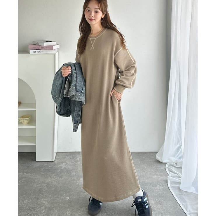 《JaVaジャバコラボ》後姿が可愛い◎配色ステッチワッフルロングワンピース（長袖… | Classical Elf  | 詳細画像20 