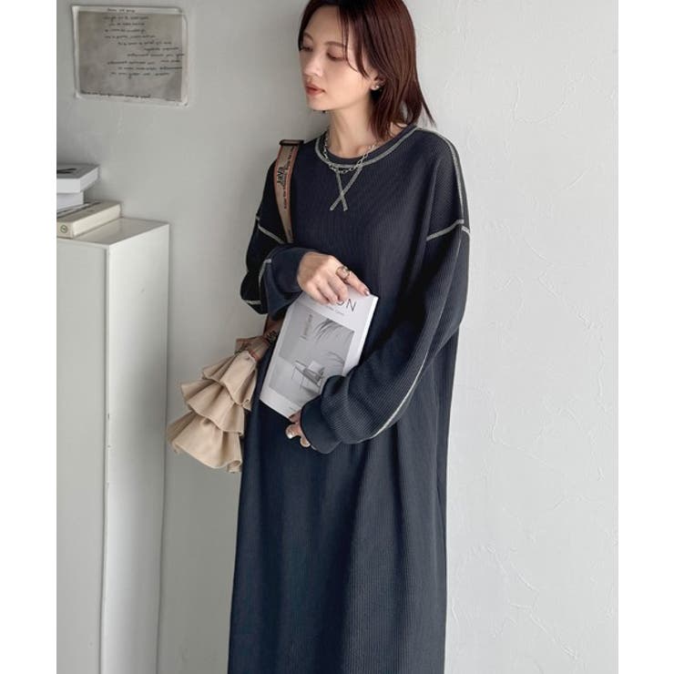 《JaVaジャバコラボ》後姿が可愛い◎配色ステッチワッフルロングワンピース（長袖… | Classical Elf  | 詳細画像25 