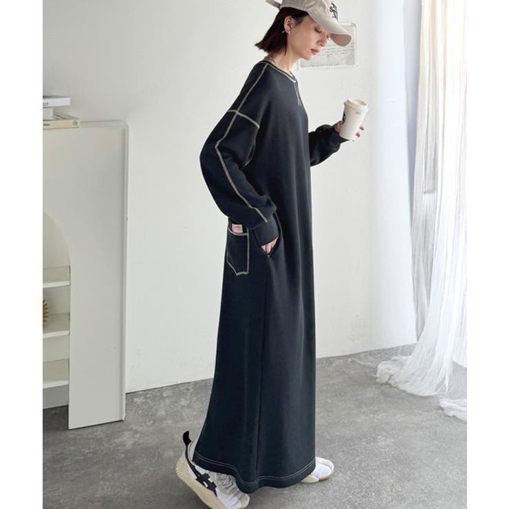 《JaVaジャバコラボ》後姿が可愛い◎配色ステッチワッフルロングワンピース（長袖… | Classical Elf  | 詳細画像27 