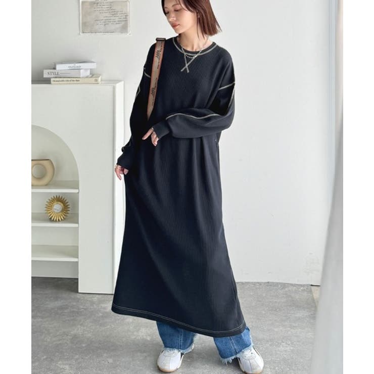 《JaVaジャバコラボ》後姿が可愛い◎配色ステッチワッフルロングワンピース（長袖… | Classical Elf  | 詳細画像29 