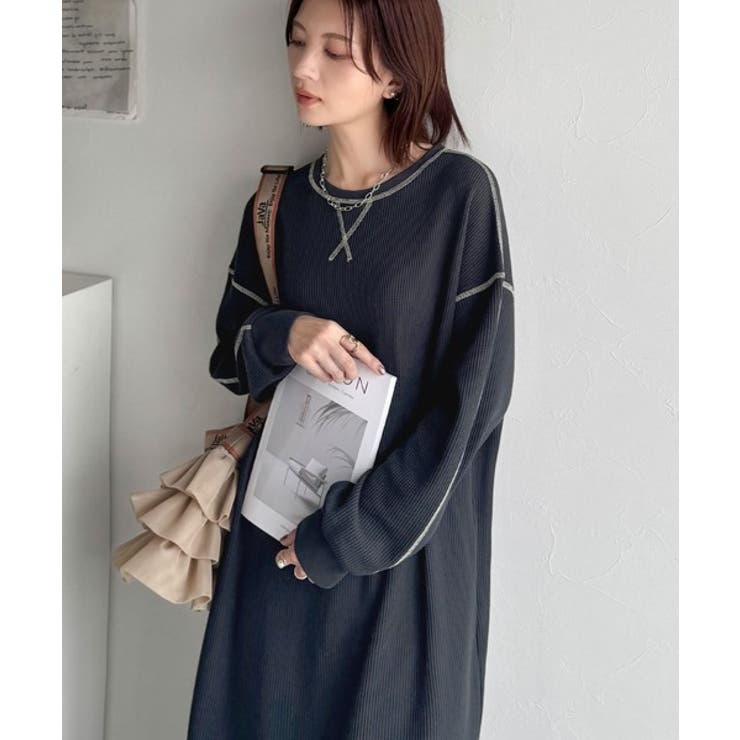 ネイビー | 《JaVaジャバコラボ》後姿が可愛い◎配色ステッチワッフルロングワンピース（長袖… | Classical Elf 