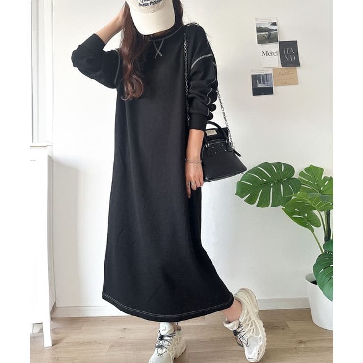 《JaVaジャバコラボ》後姿が可愛い◎配色ステッチワッフルロングワンピース（長袖… | Classical Elf  | 詳細画像3 