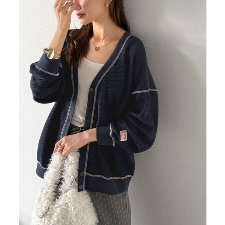 ラフで上品な大人のゆるカジュアル。配色ステッチVネックワッフルカーディガン | Classical Elf  | 詳細画像35 