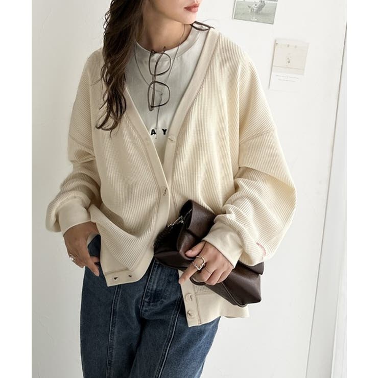 ラフで上品な大人のゆるカジュアル。配色ステッチVネックワッフルカーディガン | Classical Elf  | 詳細画像6 