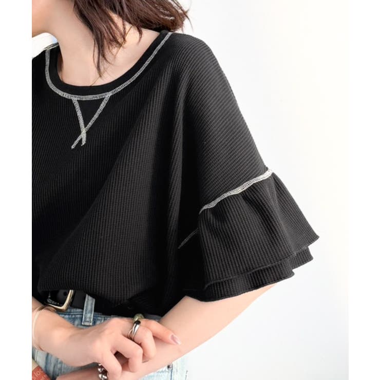 ブラック | 《JaVaジャバコラボ》甘さと着やすさの絶妙バランス。ワッフルダブルフリルトップ… | Classical Elf 