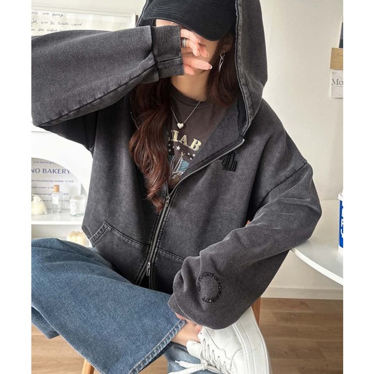 チャコール | 大人の抜け感◎ニュアンス色が映える。アシッドウォッシュロゴZIPパーカー | Classical Elf 