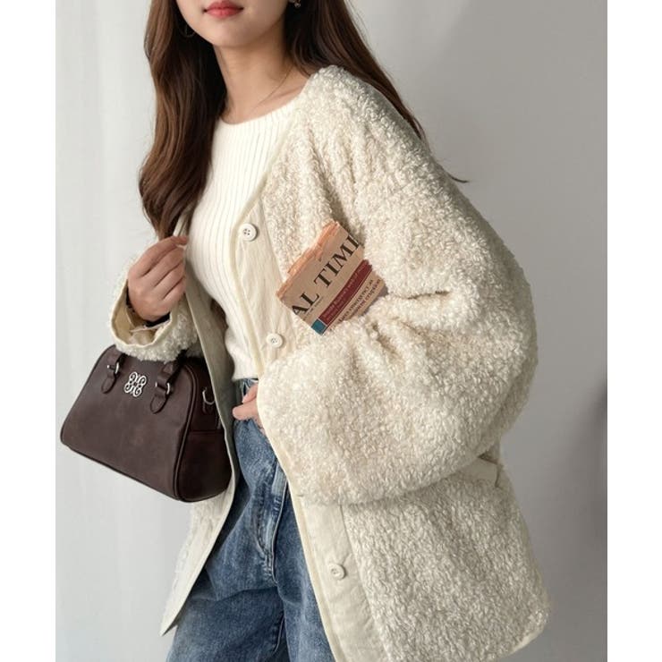 オーバーサイズがトレンド！異素材切り替え配色ボアジャケット♪ アウター | Classical Elf  | 詳細画像6 