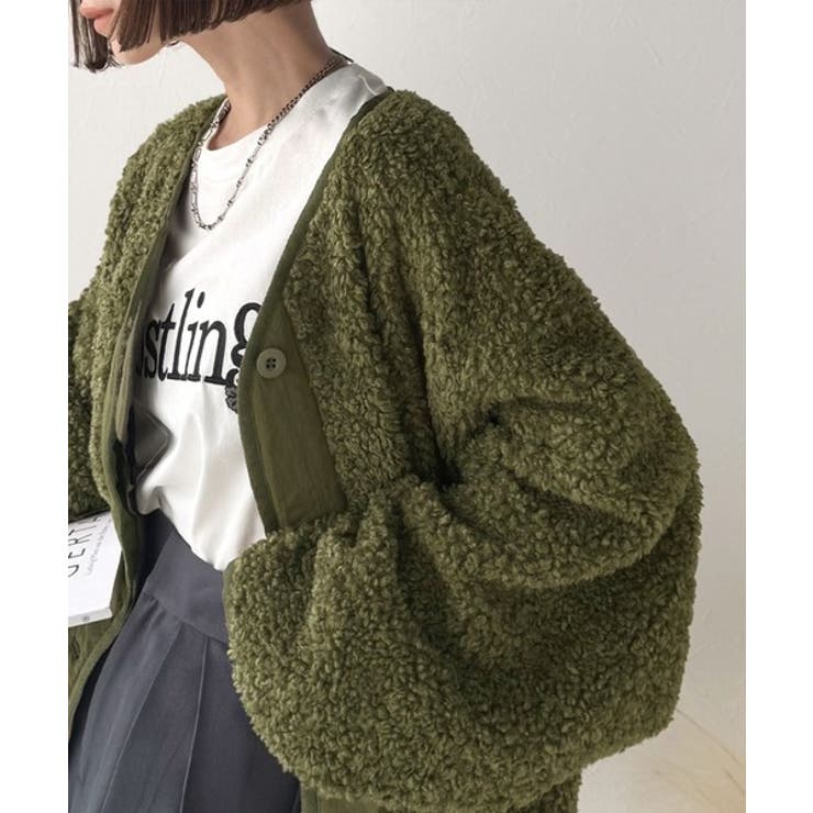 カーキ | オーバーサイズがトレンド！異素材切り替え配色ボアジャケット♪ アウター | Classical Elf 