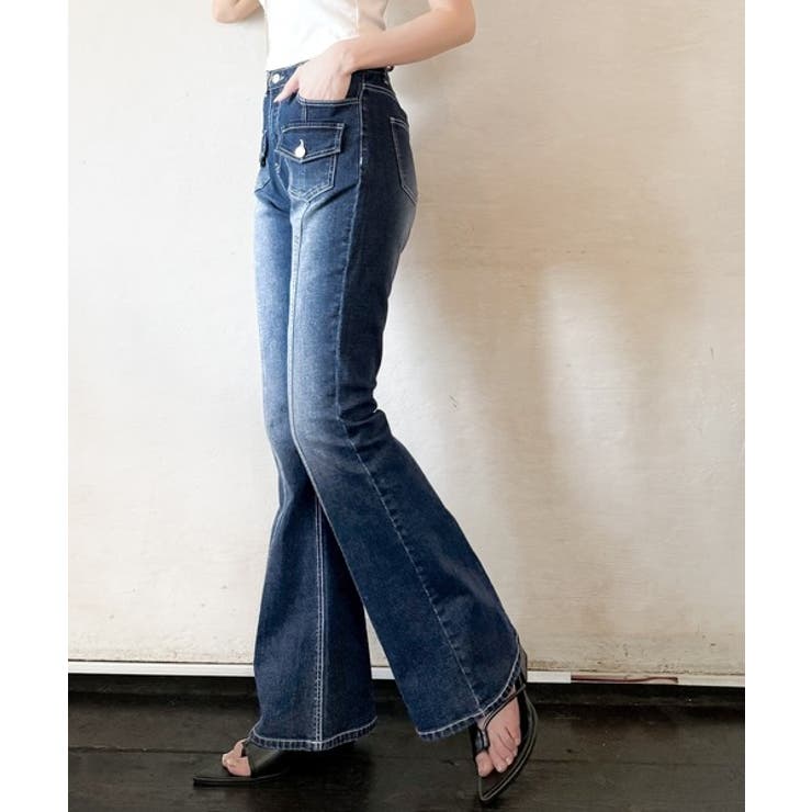 脚、盛れすぎ注意！ポケットデザインストレッチフレアデニム[品番