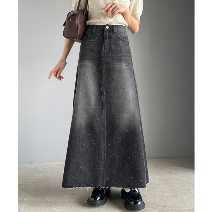 ブラック | 【mily bilet】上品なAライン。ビジューストーン付きフレアスカート | Classical Elf 