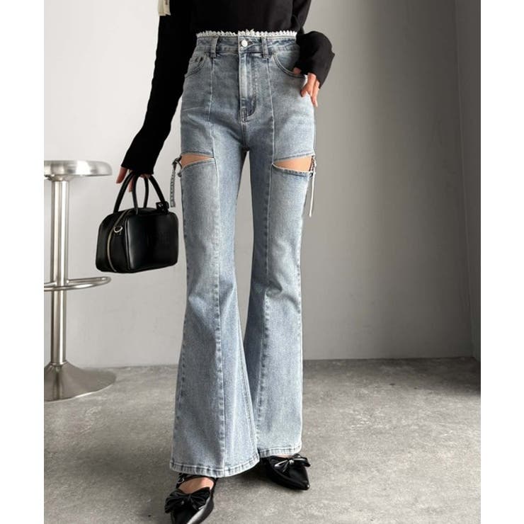 ブルー | 甘すぎないスリットで肌魅せ美脚。ウエストピコレースカットアウトリボン使いデニムパ… | Classical Elf 