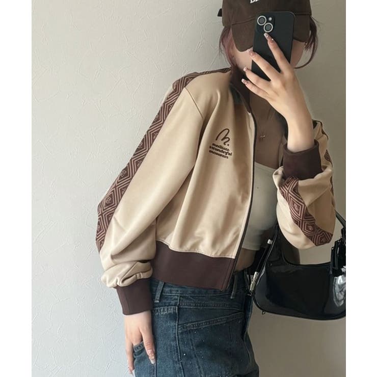Argue Culture ライントラックジャケットショート丈スーポツ 女子っぽストリート♪サイドライン刺繍デザインショートトラック