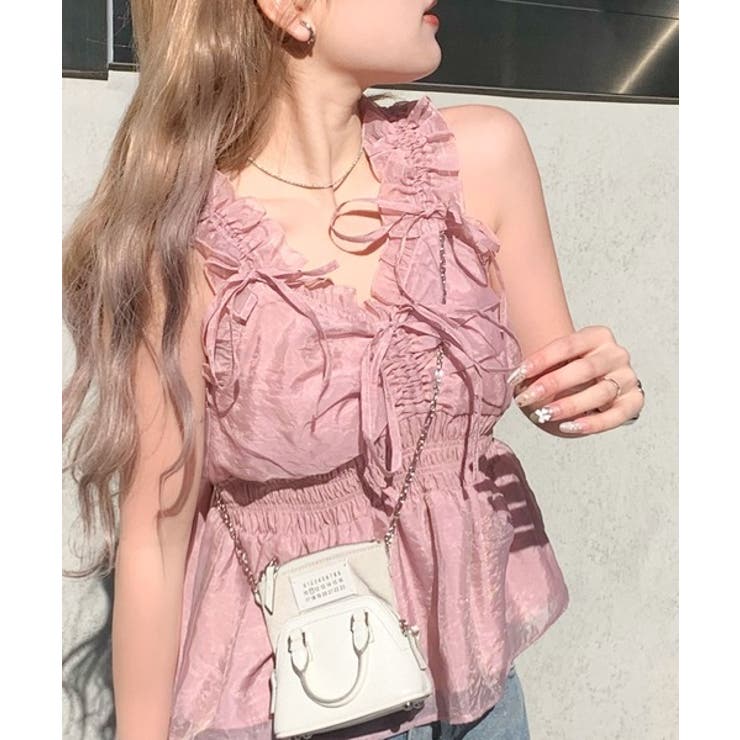 愛され大人フェミニン。リボン使いフリルオーガンジービスチェ