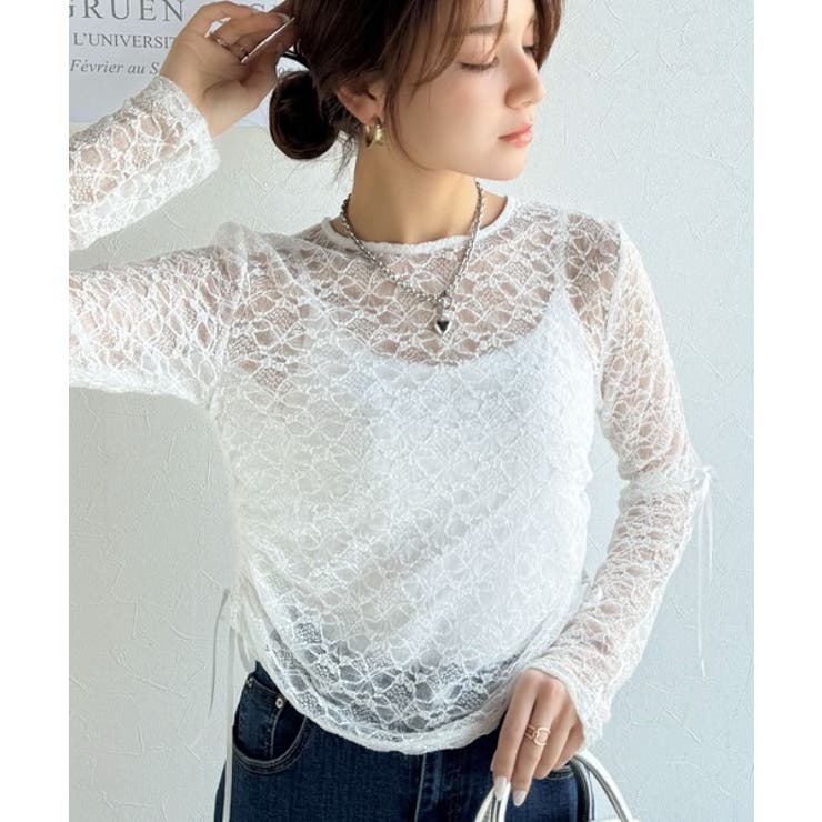 ホワイト | 着るだけでおしゃれ度UP！シアージャガード総レースサイドサテンリボントップス | Classical Elf 