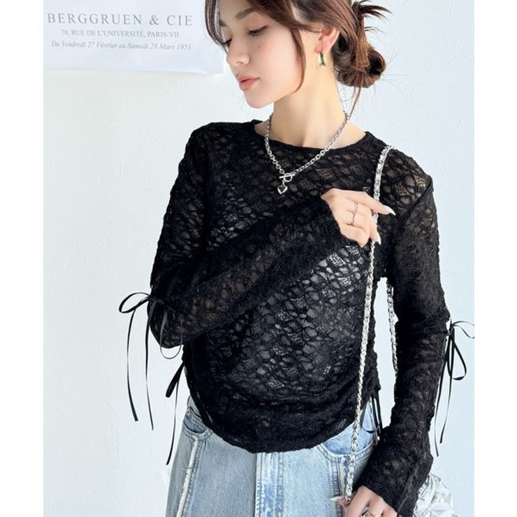 着るだけでおしゃれ度UP！シアージャガード総レースサイドサテンリボントップス | Classical Elf  | 詳細画像14 