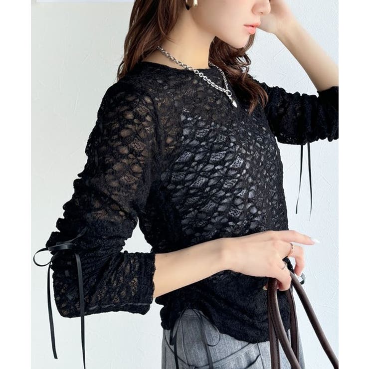 着るだけでおしゃれ度UP！シアージャガード総レースサイドサテンリボントップス | Classical Elf  | 詳細画像15 