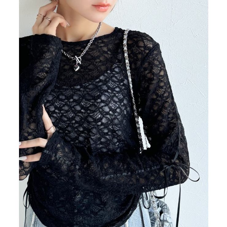 ブラック | 着るだけでおしゃれ度UP！シアージャガード総レースサイドサテンリボントップス | Classical Elf 