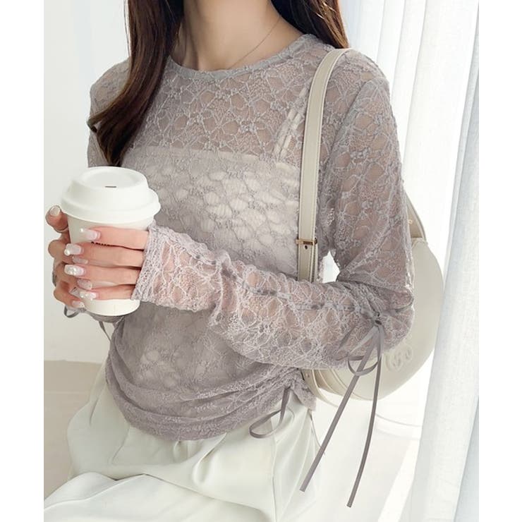 ライトグレー | 着るだけでおしゃれ度UP！シアージャガード総レースサイドサテンリボントップス | Classical Elf 