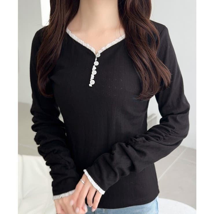 ブラック | 【mily bilet】華やかさと可愛さを1枚で。花柄レース使い袖ギャザーヘンリ… | Classical Elf 