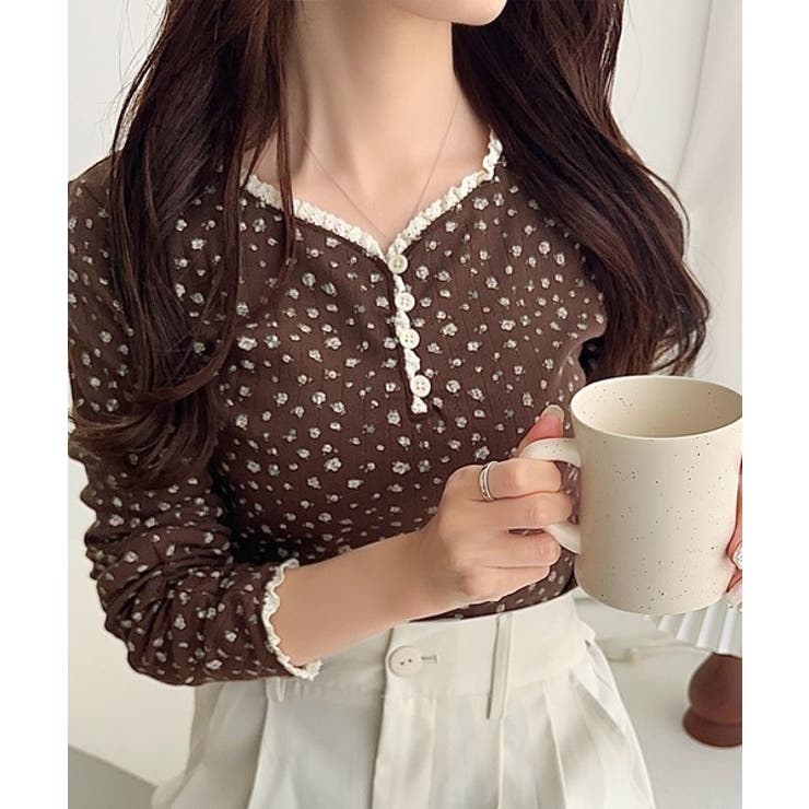 【mily bilet】華やかさと可愛さを1枚で。花柄レース使い袖ギャザーヘンリ… | Classical Elf  | 詳細画像14 