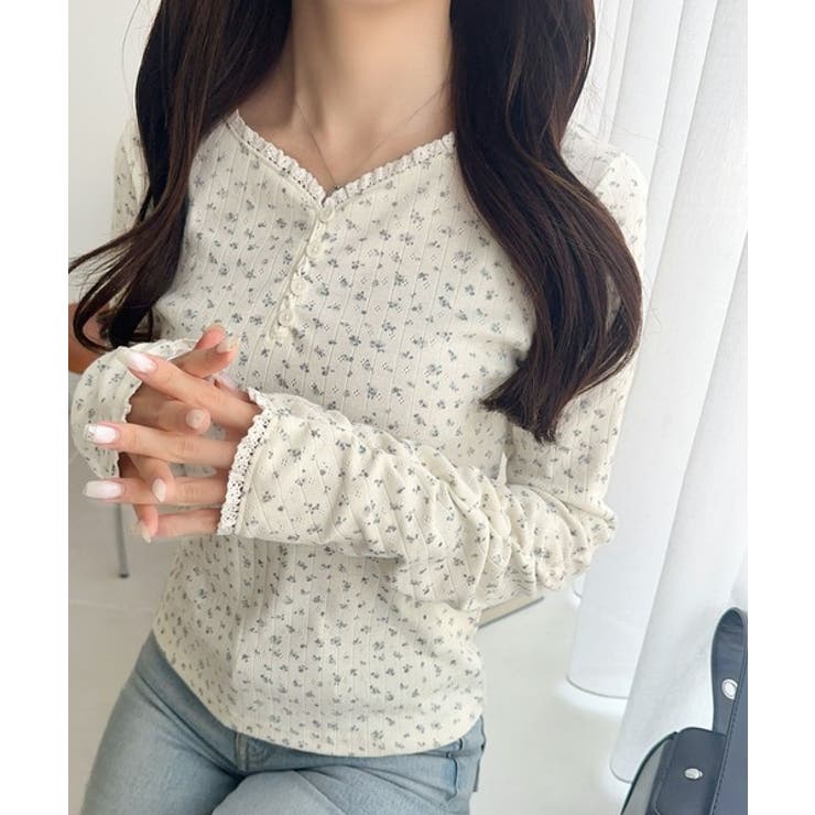 【mily bilet】華やかさと可愛さを1枚で。花柄レース使い袖ギャザーヘンリ… | Classical Elf  | 詳細画像22 