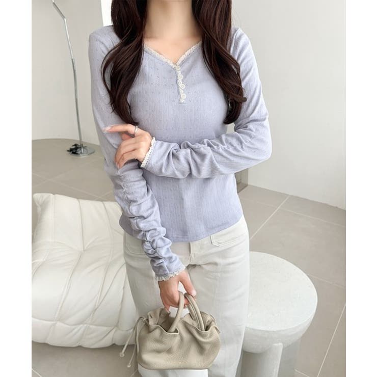 【mily bilet】華やかさと可愛さを1枚で。花柄レース使い袖ギャザーヘンリ… | Classical Elf  | 詳細画像31 