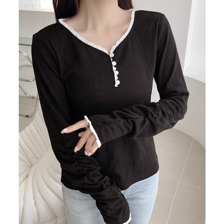 【mily bilet】華やかさと可愛さを1枚で。花柄レース使い袖ギャザーヘンリ… | Classical Elf  | 詳細画像1 