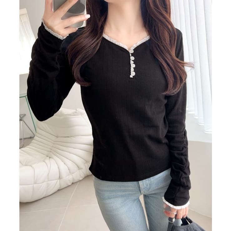 【mily bilet】華やかさと可愛さを1枚で。花柄レース使い袖ギャザーヘンリ… | Classical Elf  | 詳細画像2 