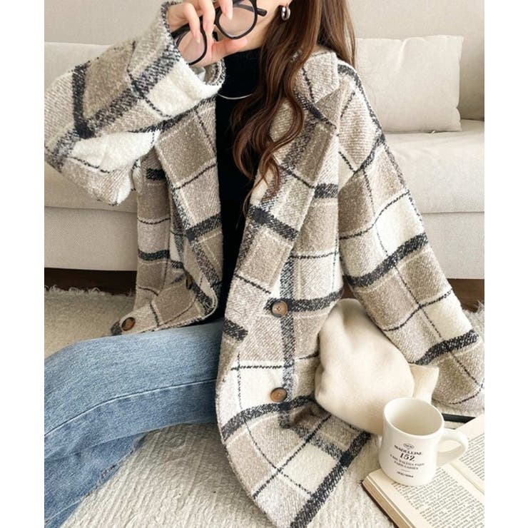 アイボリー | 起毛ブークレチェック柄コクーンシルエットダブルジャケットコート | Classical Elf 