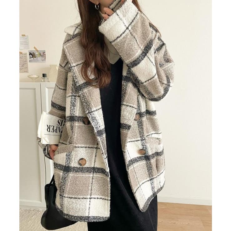 起毛ブークレチェック柄コクーンシルエットダブルジャケットコート | Classical Elf  | 詳細画像7 