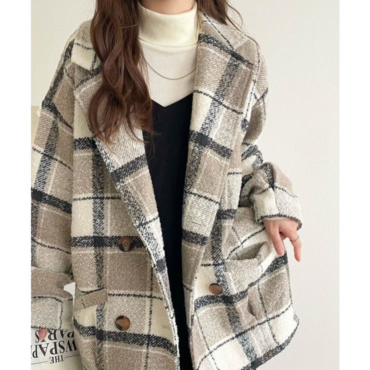 起毛ブークレチェック柄コクーンシルエットダブルジャケットコート | Classical Elf  | 詳細画像8 