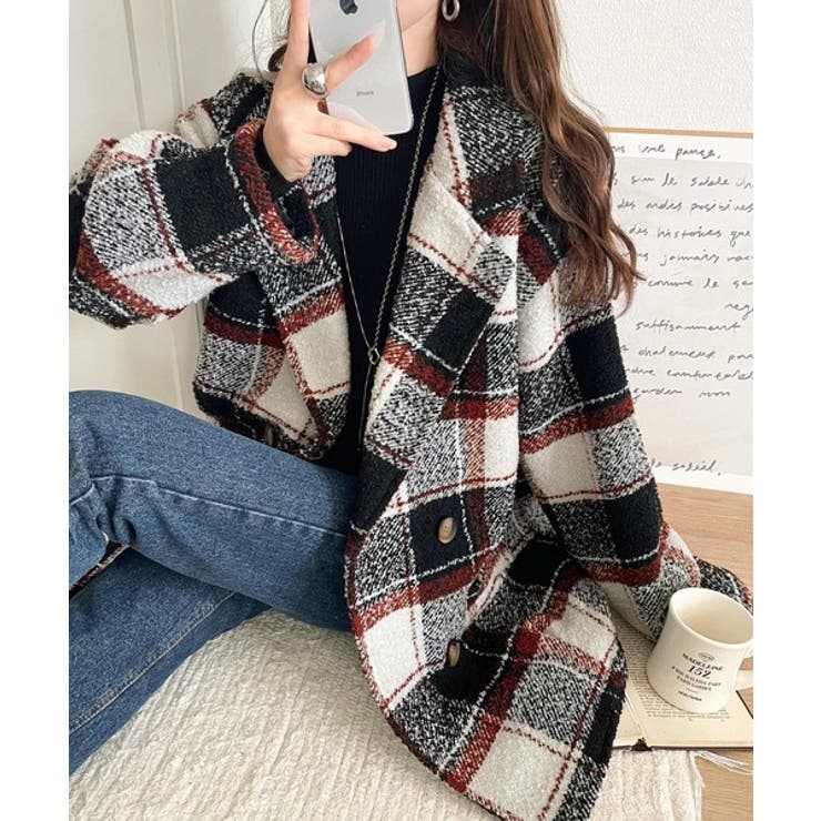 起毛ブークレチェック柄コクーンシルエットダブルジャケットコート | Classical Elf  | 詳細画像9 