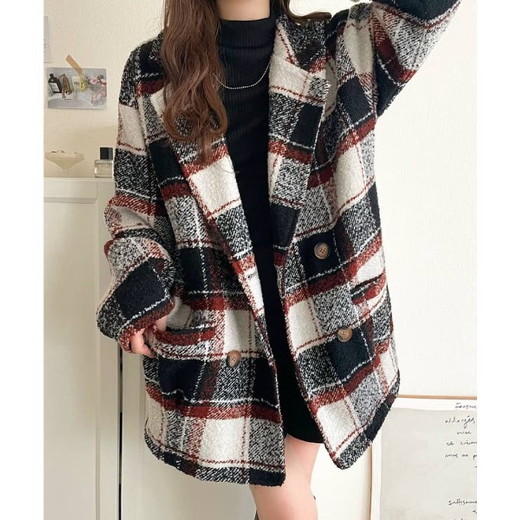 起毛ブークレチェック柄コクーンシルエットダブルジャケットコート | Classical Elf  | 詳細画像11 