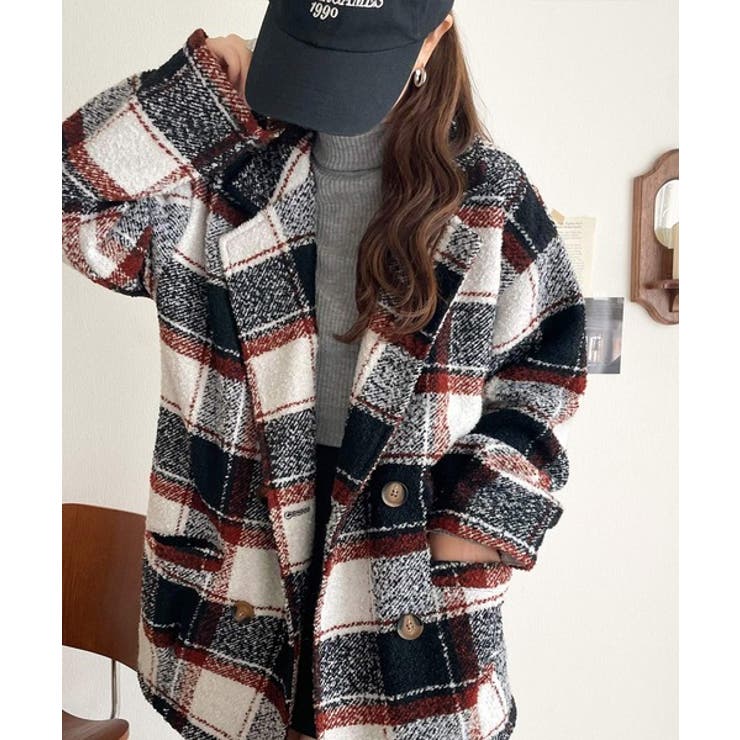 起毛ブークレチェック柄コクーンシルエットダブルジャケットコート | Classical Elf  | 詳細画像12 