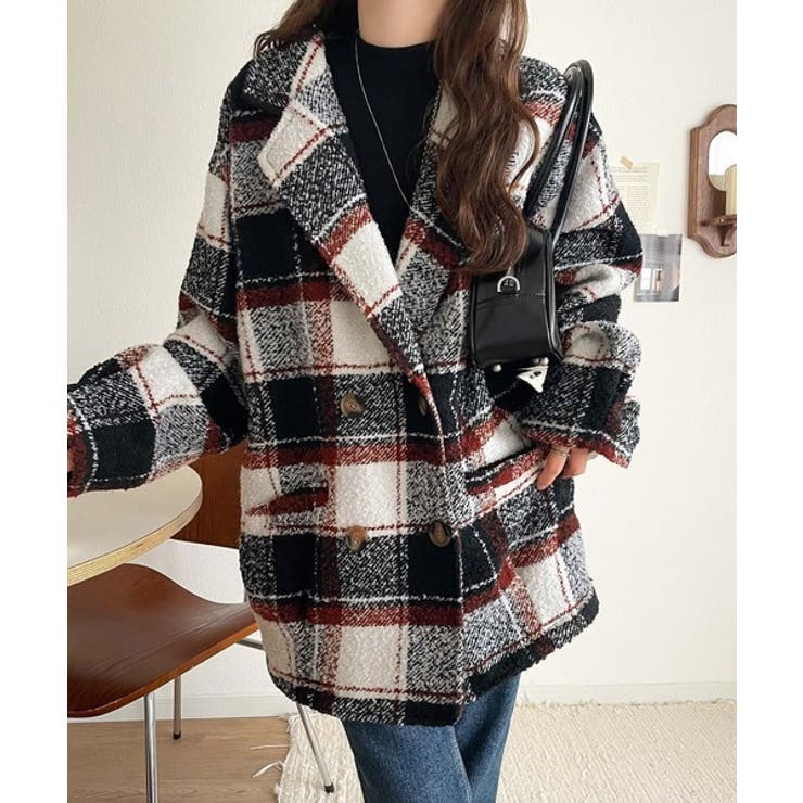 起毛ブークレチェック柄コクーンシルエットダブルジャケットコート | Classical Elf  | 詳細画像14 